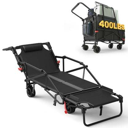 2-in-1 Collapsible Garden Wagon & Beach Chair – 650lbs Heavy Duty Folding Utility Cart with All-Terrain Wheels for Camping, Grocery & Outdoor Use