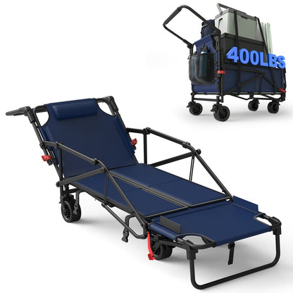 2-in-1 Collapsible Garden Wagon & Beach Chair – 650lbs Heavy Duty Folding Utility Cart with All-Terrain Wheels for Camping, Grocery & Outdoor Use