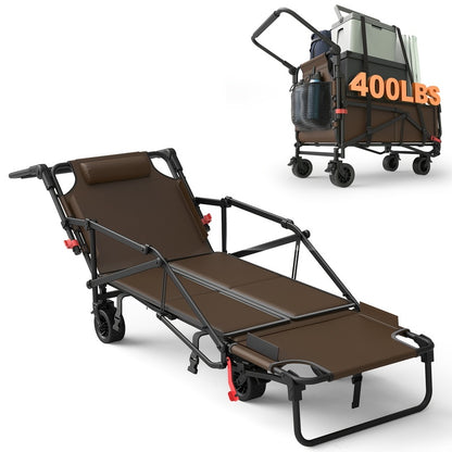 2-in-1 Collapsible Garden Wagon & Beach Chair – 650lbs Heavy Duty Folding Utility Cart with All-Terrain Wheels for Camping, Grocery & Outdoor Use